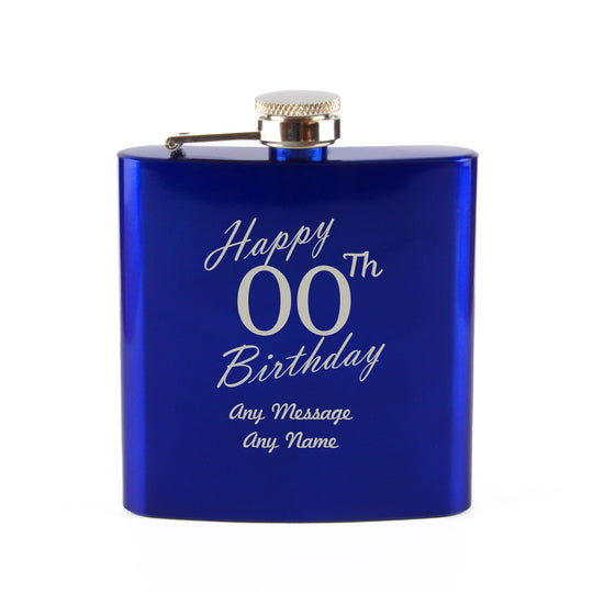 Engraved 6oz Blue Steel Hip Flask Happy Custom Number Birthday Image 4