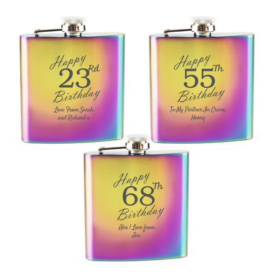 Engraved 6oz Rainbow Steel Hip Flask Happy Custom Number Birthday Image 5