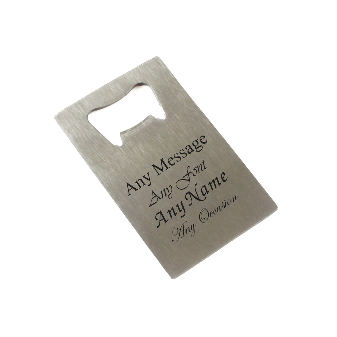 Engraved Portable Wallet Card Bottle Opener Steel Any Message Image 1