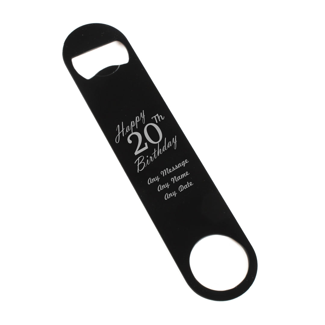 Engraved Large Black Steel Bar Blade Bottle Opener Happy 20th Birthday Image 1