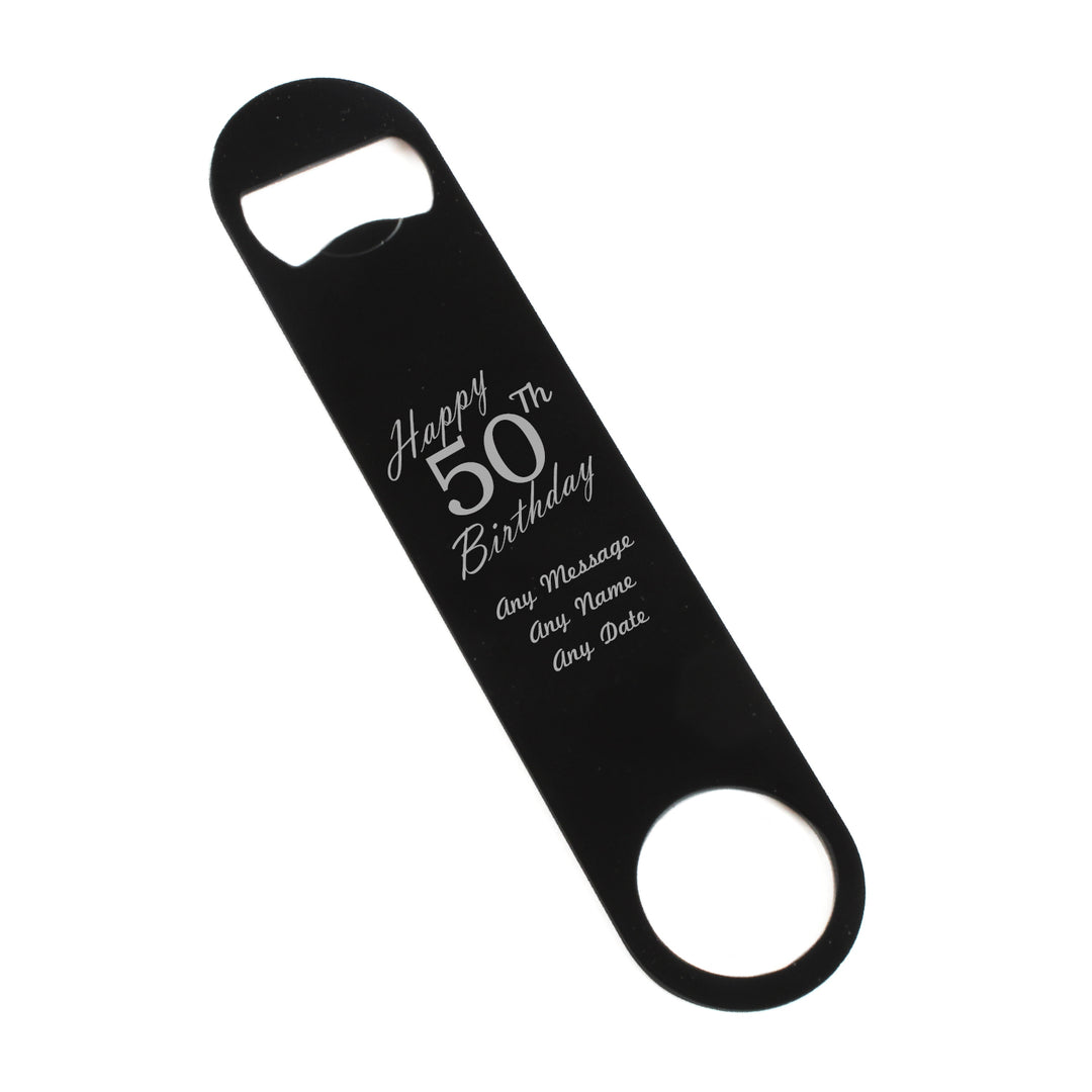 Engraved Large Black Steel Bar Blade Bottle Opener Happy 50th Birthday Image 1