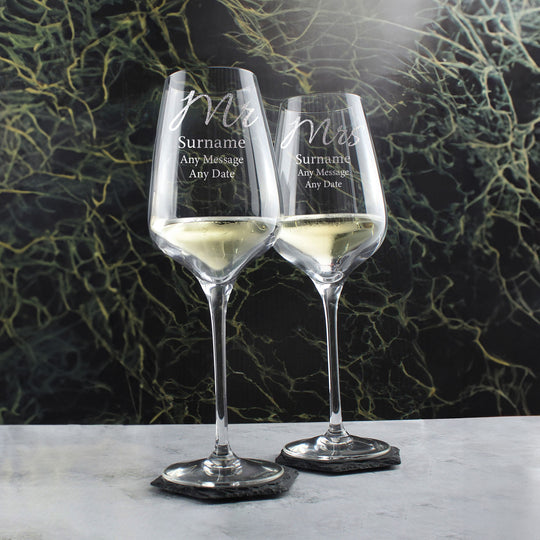 Engraved Mr and Mrs Sublym Wine Glasses, 15.8oz/450ml, Elegant Font Image 4