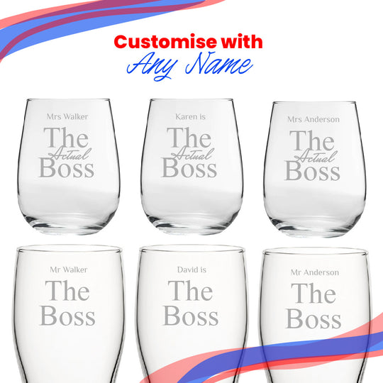 Engraved His and Hers Beer and Stemless Wine Set, The Actual Boss Image 5