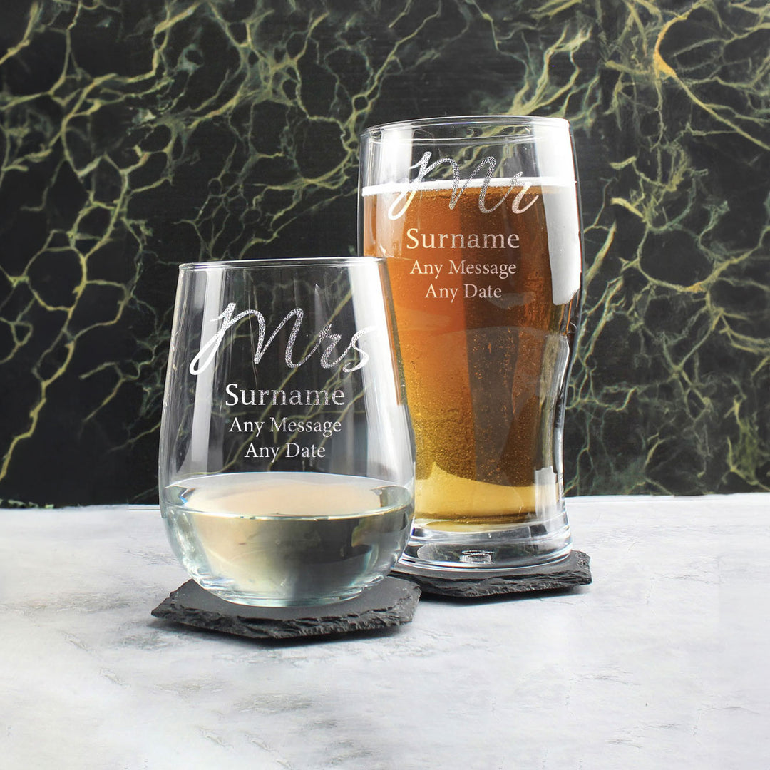 Engraved Mr and Mrs Beer and Stemless Wine Set, Elegant Font Image 4