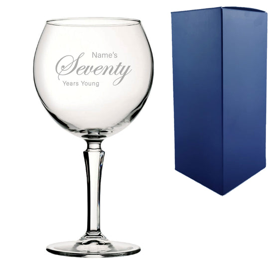 Engraved 70th Birthday Hudson Gin Glass, Years Young Curly Font Image 2