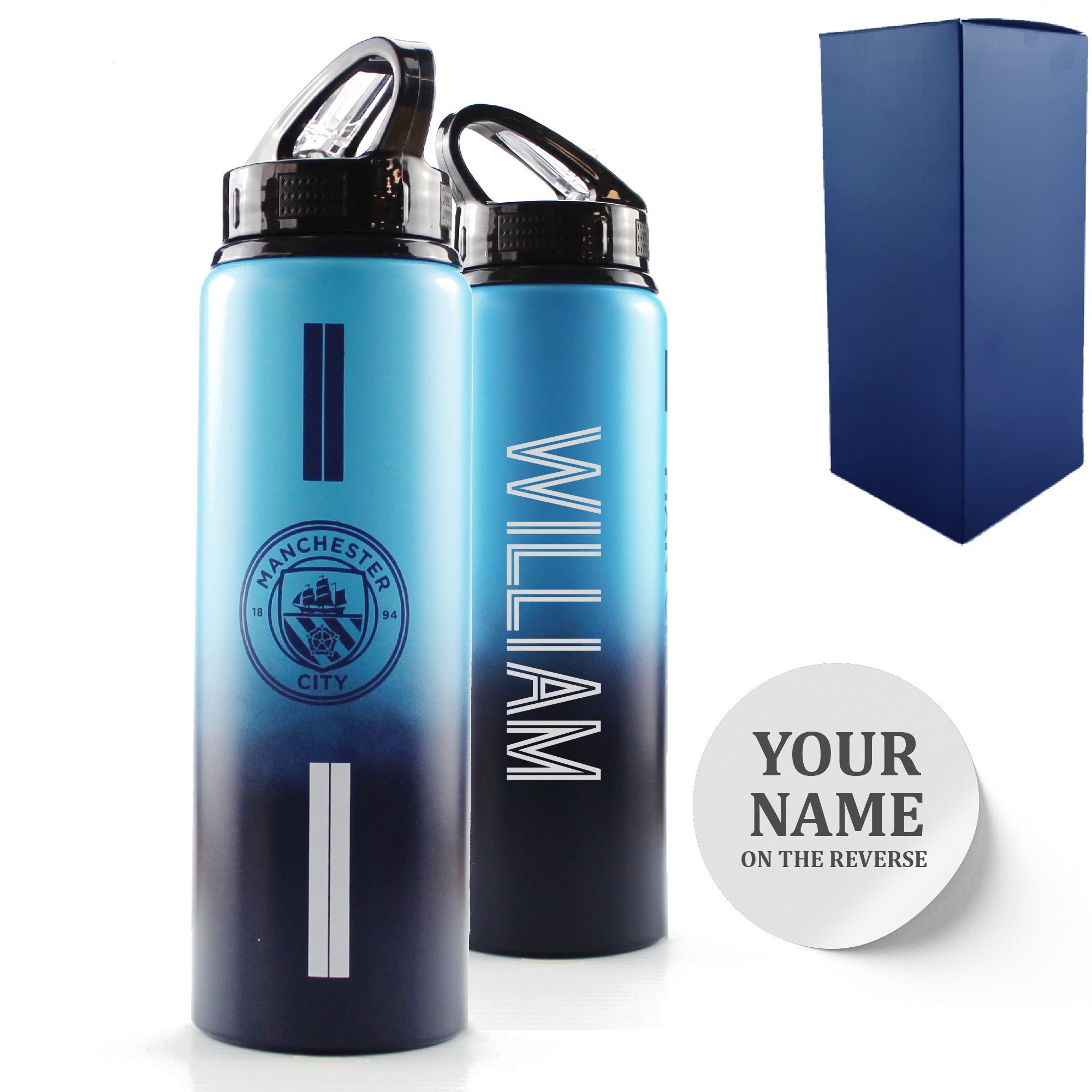 Official Printed Metal Manchester City Bottle, Personalise Any Name, Gift Boxed, Striped Design Image 1
