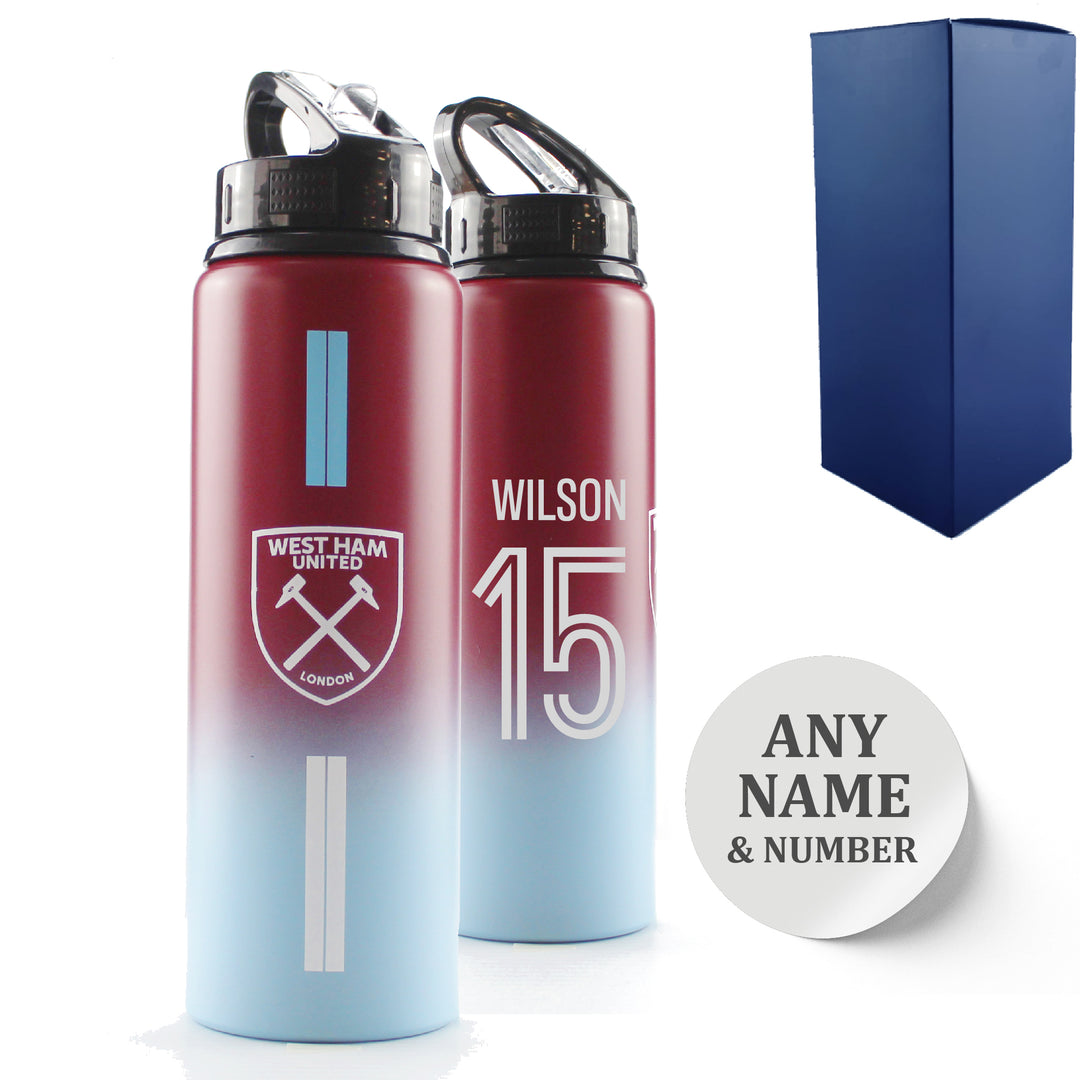 Official Printed Metal West Ham Bottle, Personalise Any Number, Gift Boxed, Striped Design Image 1